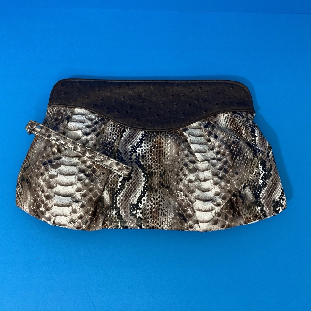 Giannini Faux Python & Ostrich Embossed Wristlet Clutch - Brown/Cream